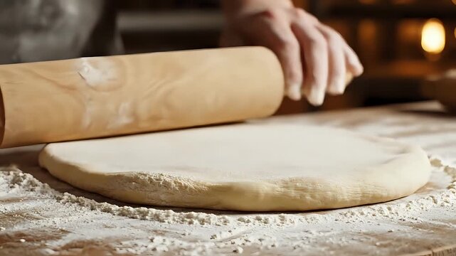Closeup of hands using a rolling pin to flatten dough on a floured surface 1.
