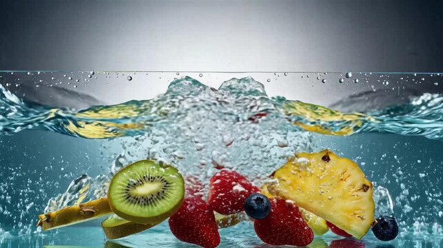 Vibrant slow motion footage of fresh fruits splashing into clear water with dynamic bubbles and ripples