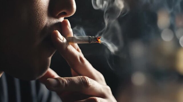 Close-up of a person smoking a cigarette, exhaling smoke against a dark background.