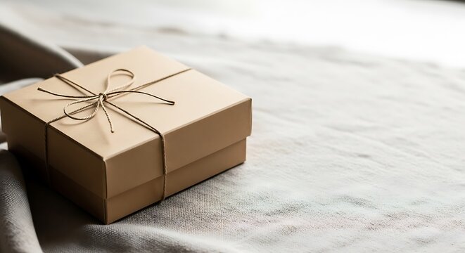 Elegant Minimalist Kraft Paper Gift Box Tied with Twine on Linen Fabric
