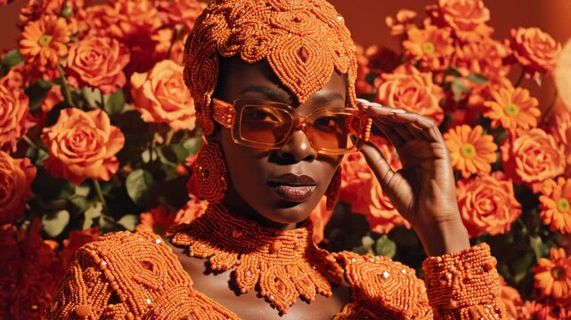 Woman in ornate orange beadwork against floral backdrop emphasizing human connection and authentic emotions