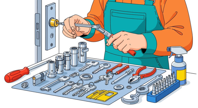 Locksmith working on door lock with tools laid out.