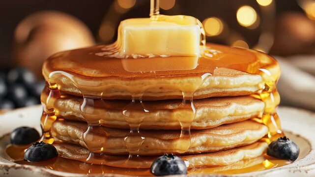 Close up of golden syrup pouring over a stack of fluffy pancakes with butter and blueberries