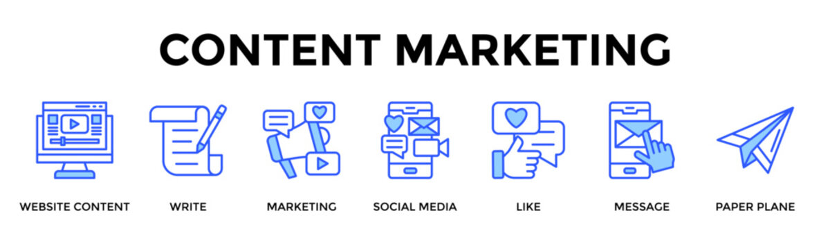Content Marketing  Banner Web  Icon Set Collection Pack Vector Illustration Concept Containing Website Content, Write, Marketing, Social Media, Like, Message, Paper Plane
