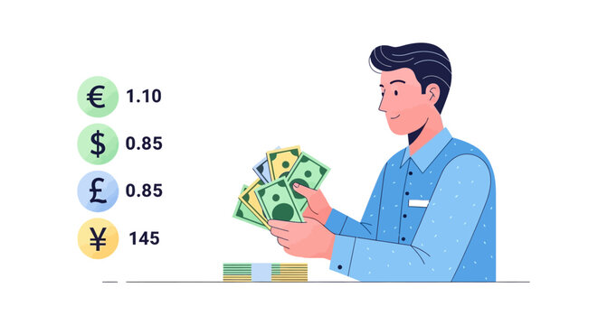Man holding money with currency exchange rates displayed.