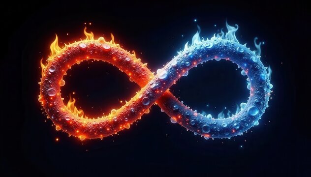 Intricate fire and ice infinity symbol, black backdrop , artwork, hot
