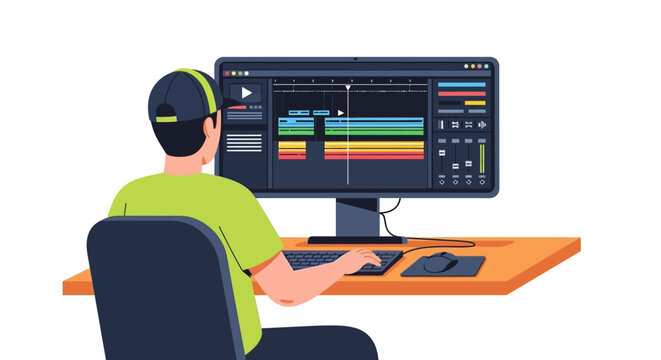 Man editing video on computer timeline software.