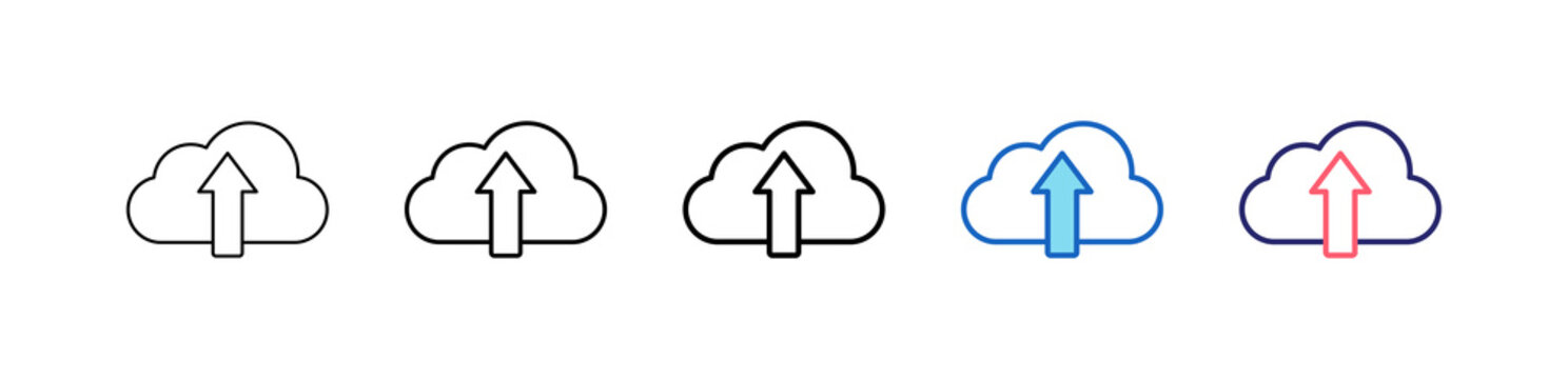 Cloud Upload Icon In 5 Different Styles Set Collection.   