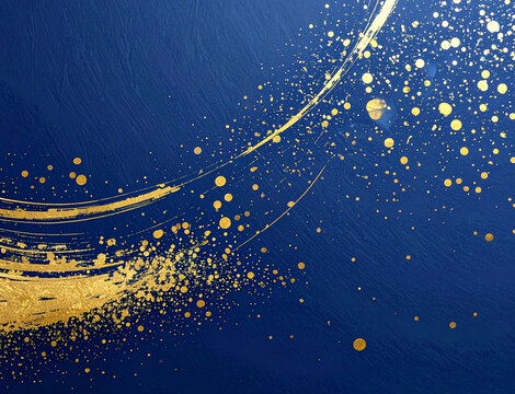 紺色の和紙に金箔を散らした高級感のある背景テクスチャ/Luxury Navy Blue Washi Paper Texture with Gold Leaf Splatter