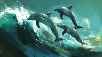 Fototapeta premium Playful Dolphins Splashing in Turquoise Ocean Waves Under Sunlight