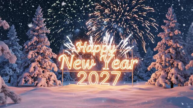 Snowy forest with fireworks and happy new year sign symbolizing tranquility, harmony, and natural balance