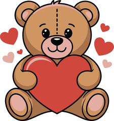 Naklejka premium Cute teddy bear holding a big red heart with pink and red hearts around it in a cartoon style