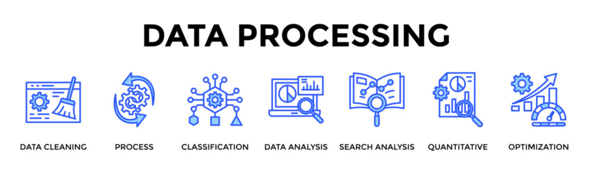 Data Processing  Banner Web  Icon Set Collection Pack Vector Illustration Concept Containing Data Cleaning, Process, Classification, Data Analysis, Search Analysis, Quantitative, Optimization