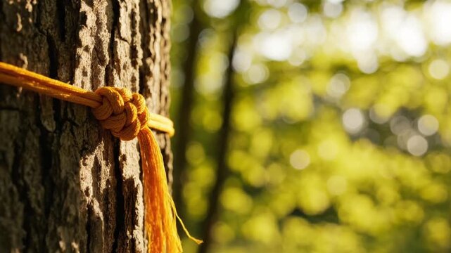 Sacred thread knot on tree gently vibrating bright background right copy space