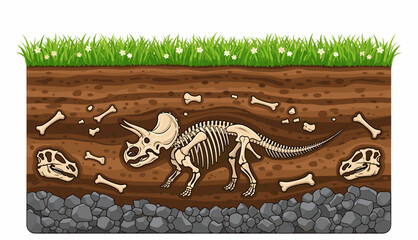 illustrated dinosaur skeleton emerging from prehistoric soil cross-section with fossils © Dumirah