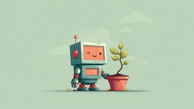 A cheerful, retro-style robot with a smiling face tenderly holds a potted plant with vibrant green