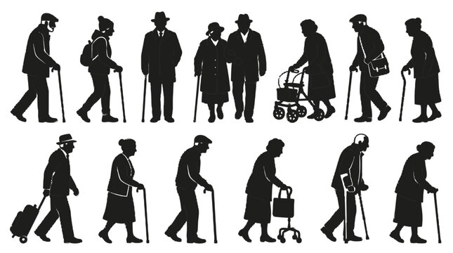 Silhouettes of elderly people of different ages walking with canes and walkers