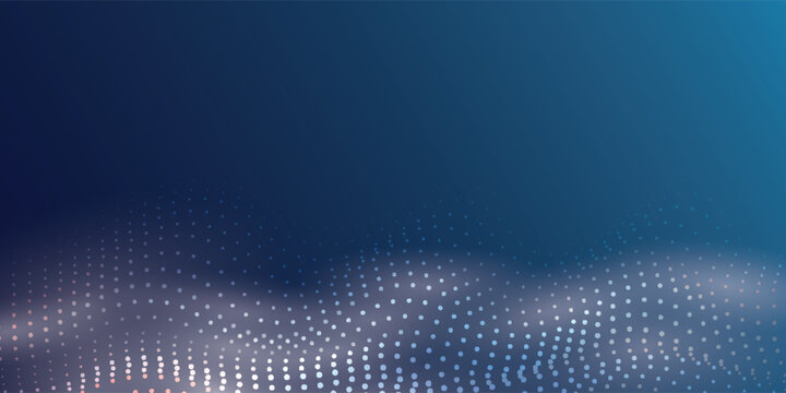Abstract dark blue background with elegant glowing white particle waves and futuristic digital big data dots. Abstract digital technology template for websites and banners.