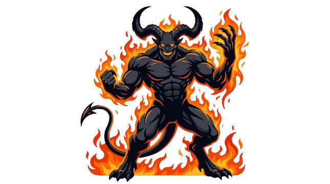 Intense horned demon monster engulfed in a blaze of fire, embodying rage and dark power