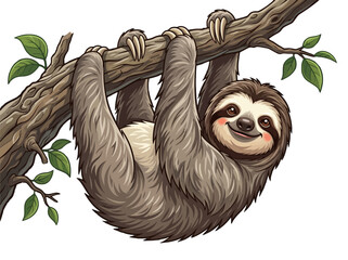 Obraz premium Adorable smiling sloth cartoon character peacefully hanging upside down from a sturdy tree branch with green leaves