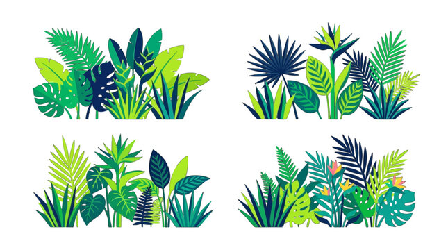 Lush Tropical Foliage Collection Vibrant Green Exotic Plants and Jungle Leaves Decorative Set