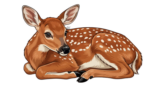 Cute Fawn with White Spots Lying Down on White Background