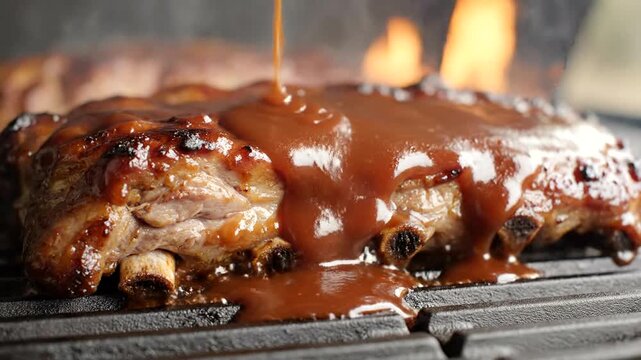 Delicious BBQ Pork Ribs Being Glazed with Thick Barbecue Sauce on a Hot Grill.