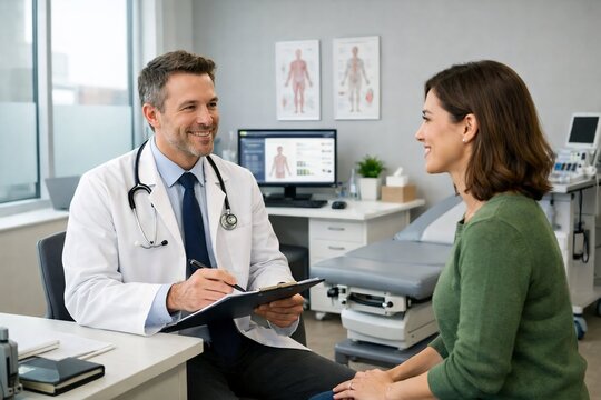 Male Doctor Consulting Female Patient in Modern Medical Examination Room