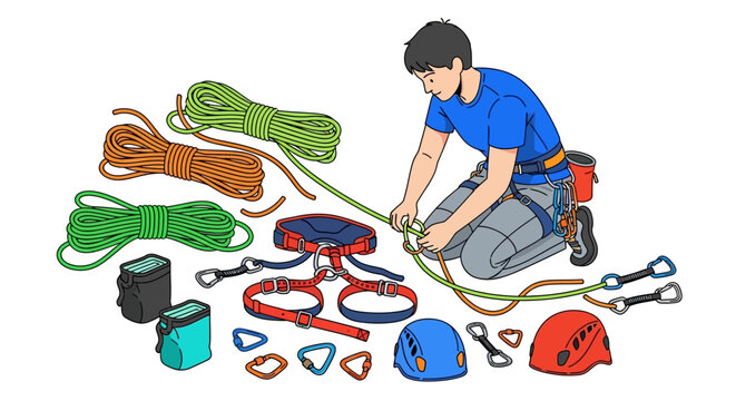 Man preparing climbing gear for adventure.
