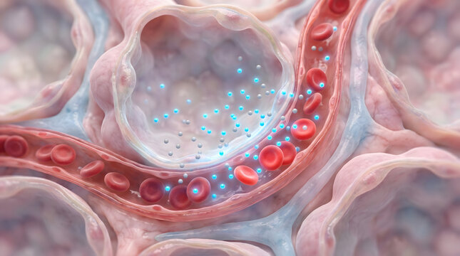 Microscopic 3D illustration of gas exchange between a lung alveolus and blood capillary showing red blood cells and oxygen diffusion process