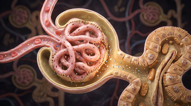 Detailed 3D medical illustration of a kidney nephron showing the glomerulus and Bowman's capsule during the process of blood filtration and ultrafiltration.