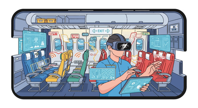Man wearing VR headset interacting with digital interface.