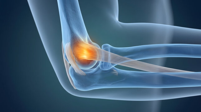 3D medical illustration of a human elbow joint with inflammation and pain highlighted in orange, showing bones, ligaments, and tendons anatomy.