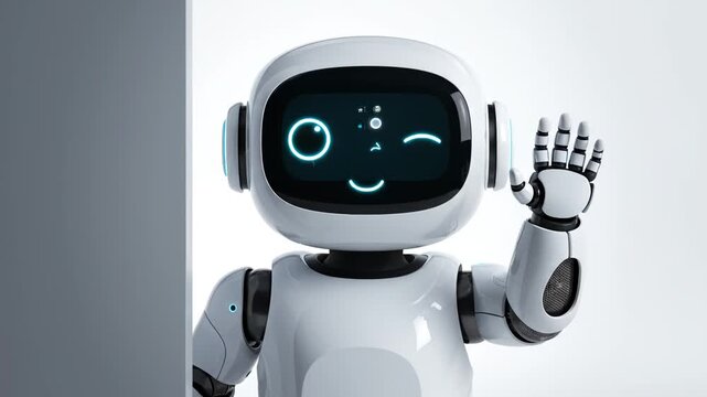 White robot peeking from behind wall representing smart infrastructure and connectivity