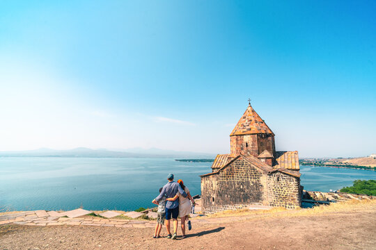 Family travelling in Armenia in summer sunny day
