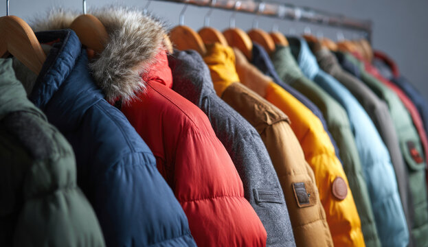 Colorful winter coats on hangers.