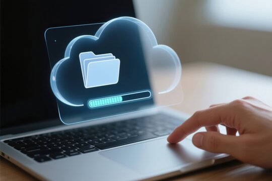 Cloud service for digital document management allows secure storage transfer of files with easy access on laptop device
