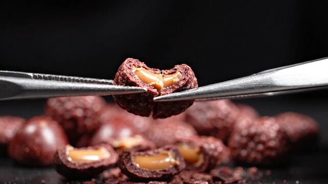A close-up shot of a delicious, bite-sized confection being held by a pair of metal tongs, revealing a creamy, caramel filling