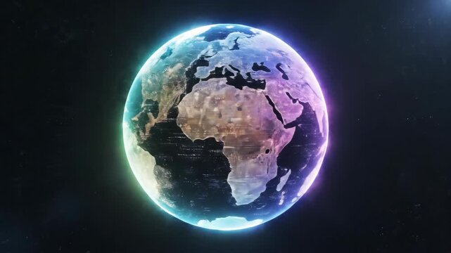 A futuristic digital illustration of Earth with a glowing blue and purple hue, surrounded by abstract technological elements and data streams, set against a dark background