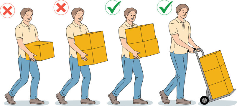 Correct and incorrect manual lifting techniques for heavy boxes showing ergonomic posture versus back strain safety rules vector illustration