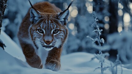 Fototapeta premium Majestic Lynx Stalking Through Snowy Forest Landscape in Winter