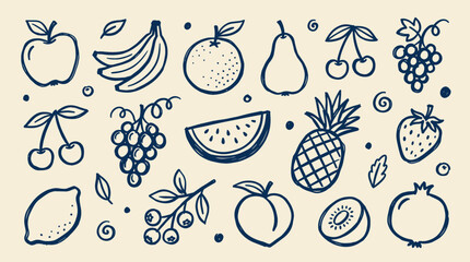 Fototapeta premium Assortment of Hand Drawn Fruits and Berries in a Whimsical Sketchy Style on a Creamy Background