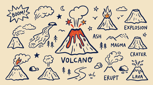 Collection of hand drawn illustrations depicting volcanoes erupting with lava ash and explosions in a whimsical cartoon style on a beige background