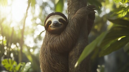 Obraz premium Charming Sloth Relaxing on Tree in Lush Tropical Environment