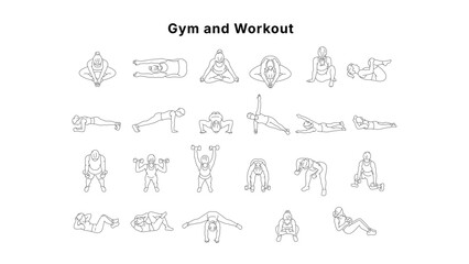 Obraz premium Minimal CAD fitness exercise drawings set with people performing yoga, stretching and strength training, clean outline symbols for workout plans and architectural layouts