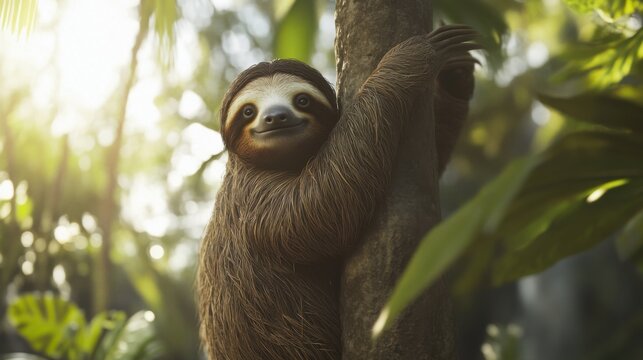 Charming Sloth Relaxing on Tree in Lush Tropical Environment