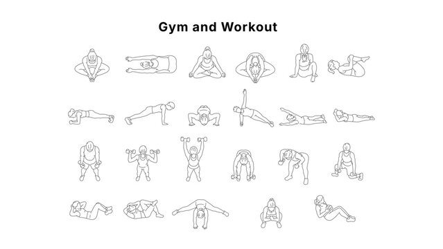 Minimal CAD fitness exercise drawings set with people performing yoga, stretching and strength training, clean outline symbols for workout plans and architectural layouts