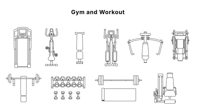 Minimal CAD doodle gym equipment drawings for architectural and fitness plans, clean outline symbols set with treadmill, bike, weights and machines in technical plan style