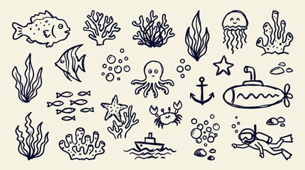 Naklejka premium Collection of hand-drawn underwater sea life and ocean elements including fish, octopus, jellyfish, submarine, diver, and coral reef in a playful doodle style