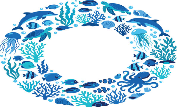 Underwater marine life circle wreath vector featuring dolphins, sea turtles, octopus, jellyfish, tropical fish, and coral reef elements in shades of blue for ocean-themed frames and borders.